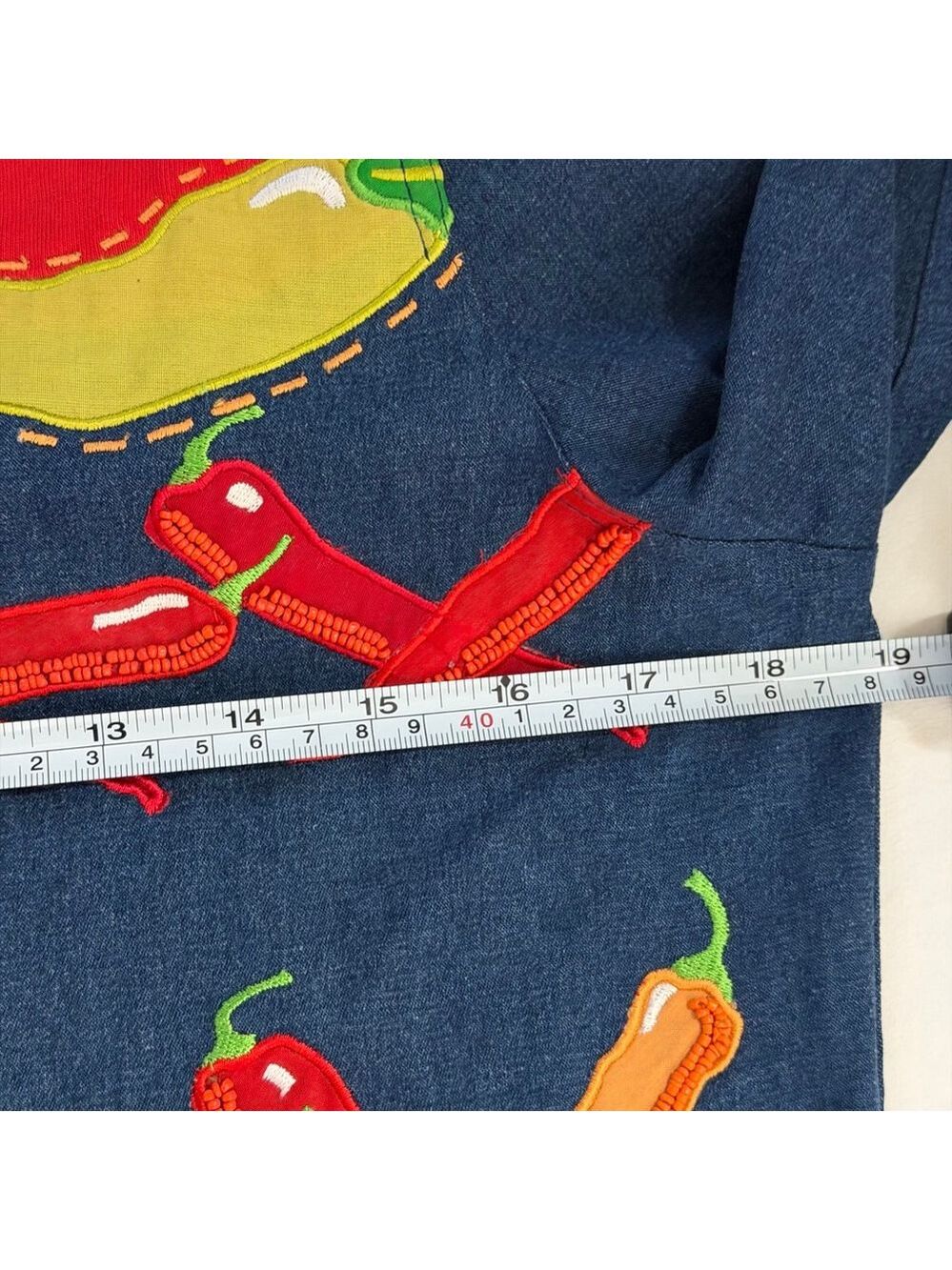 Michael Simon Top Vintage Beaded Chili Peppers Denim Whimsy Shirt Wearable Art - Picture 9 of 14